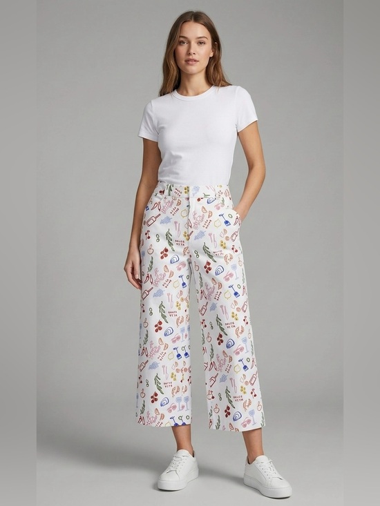Bagatelle Collection Pants - Wide-Leg Crop Pants in White with Multicolor Print